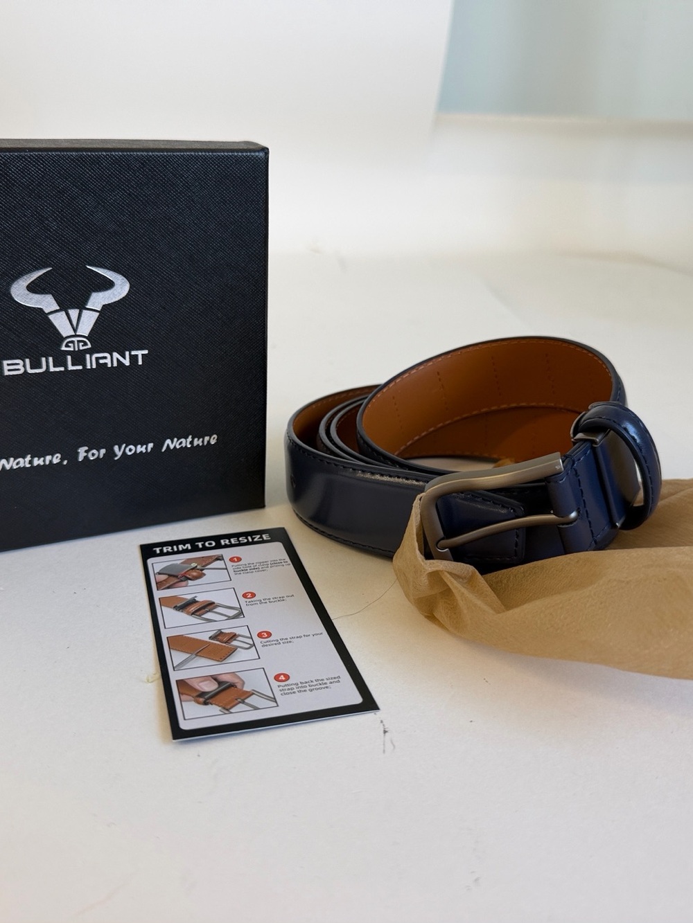 BULLIANT Navy Men's Full Grain Leather Ratchet Belt